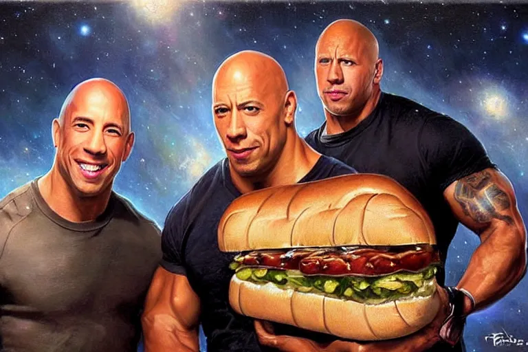 Image similar to portrait of vin diesel and dwayne the rock johnson sharing a footlong sub sandwich, an oil painting by ross tran and thomas kincade