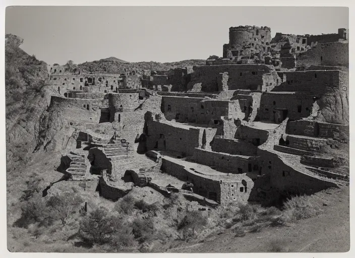 Image similar to Photograph of sprawling cliffside pueblo ruins, showing terraced gardens and narrow stairs in lush desert vegetation in the foreground, albumen silver print, Smithsonian American Art Museum