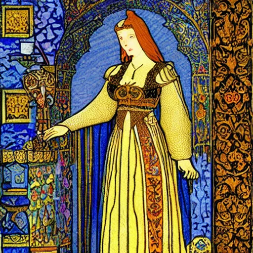 Prompt: beautiful young medieval queen by ivan bilibin