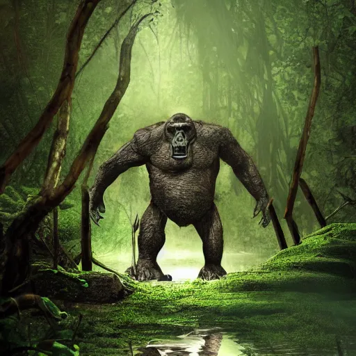 Prompt: A photograph of a giant monster lurking in the swamp, crocodile, mangrove swamp, murky water, vines, gorilla, trending on artstation