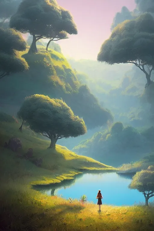 Image similar to beautiful matte painting by goro fujita whimsical art fantasy path mountains and meadow in the background near a lake reflecting the trees, atmospheric lighting, painted, intricate, volumetric lighting, beautiful, rich deep colors masterpiece, sharp focus, ultra detailed by