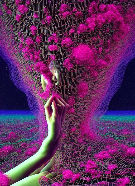 Prompt: hyper detailed 3d render like a Oil painting - Aurora (lovely Singer) seen Eating of the Strangling network of yellowcake aerochrome and milky Fruit and Her delicate Hands hold of gossamer polyp blossoms bring iridescent fungal flowers whose spores black out the foolish stars by Jacek Yerka, Mariusz Lewandowski, Houdini algorithmic generative render, Abstract brush strokes, Masterpiece, Edward Hopper and James Gilleard, Zdzislaw Beksinski, Mark Ryden, Wolfgang Lettl, hints of Yayoi Kasuma, octane render, 8k