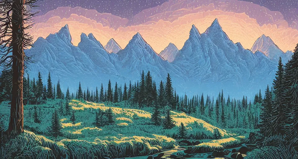 Image similar to a beautiful landscape with trees and mountains, by dan mumford