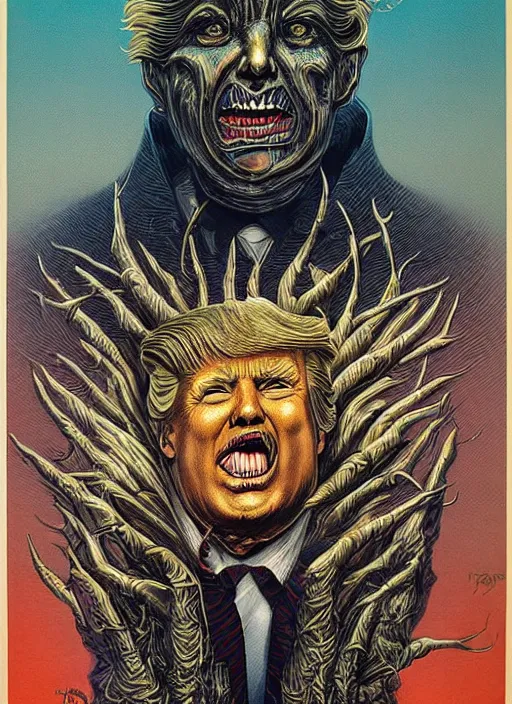 Image similar to donald trump's disgusting true form revealed, horror, high details, intricate details, by vincent di fate, artgerm julie bell beeple, 1980s, inking, vintage 80s print, screen print