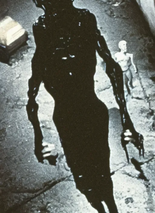 Image similar to cinestill night portrait of a human monster walking on the street horror practical fx by david cronenberg and terence fisher