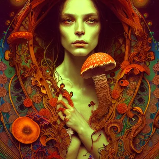 Image similar to An extremely psychedelic experience, surreal, dramatic lighting, magic mushrooms, psilocybin, LSD, face, detailed, intricate, elegant, highly detailed, digital painting, artstation, concept art, smooth, sharp focus, illustration, art by Krenz Cushart and Artem Demura and alphonse mucha