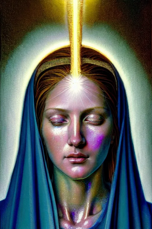 Prompt: hyperrealistic mixed media painting of Mother Mary, a halo about her head, full body, stunning 3d render inspired art by P. Craig Russell and Barry Windsor-Smith + perfect facial symmetry + dim volumetric lighting, 8k octane beautifully detailed render, post-processing, extremely hyperdetailed, intricate, epic composition, grim yet sparkling atmosphere, cinematic lighting + masterpiece, trending on artstation, very very detailed, masterpiece, stunning