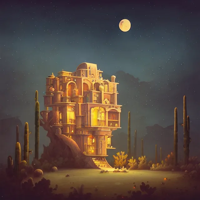 Image similar to a single building flying above a desert oasis in a moonlit night in the style of peter mohrbacher and jacek yerka