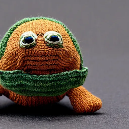 Prompt: a closeup photorealistic smiling knitted tortoise.