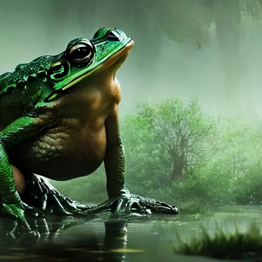 Prompt: giant monster frog in swamp, artwork by greg rutkowski, trending on art station, magic the gathering, 4 k, matte painting