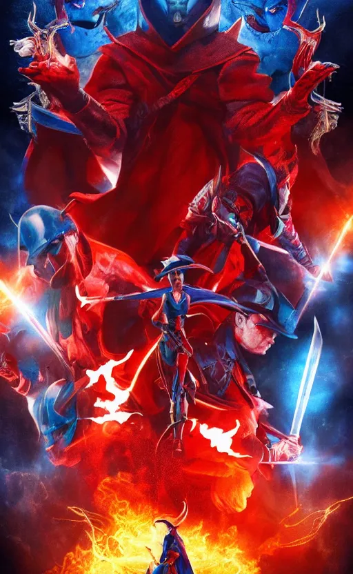 Prompt: a mind - blowing, epic movie poster, depicting a battle between red and blue fantasy style wizards, wearing wizard hats, magic, cinematic, dnd, high quality, marvel movie