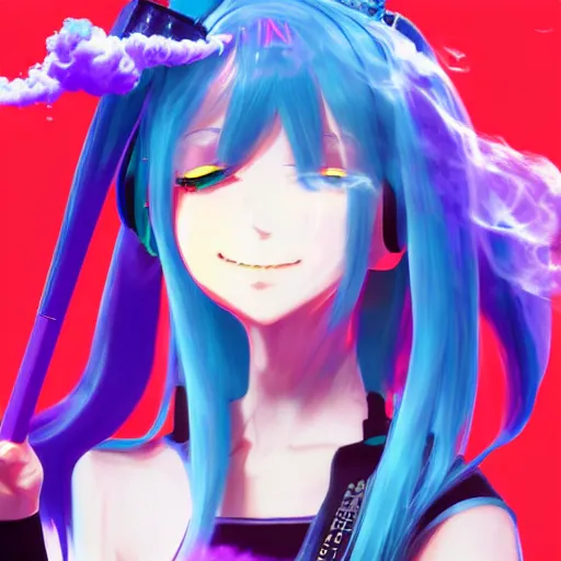 Image similar to hatsune miku smoking weed with a vape pen, smoke coming out of her mouth, bloodshot eyes, artstation, 4 k