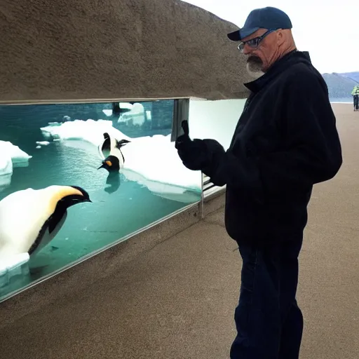 Image similar to walter white pointing at penguins in a zoo