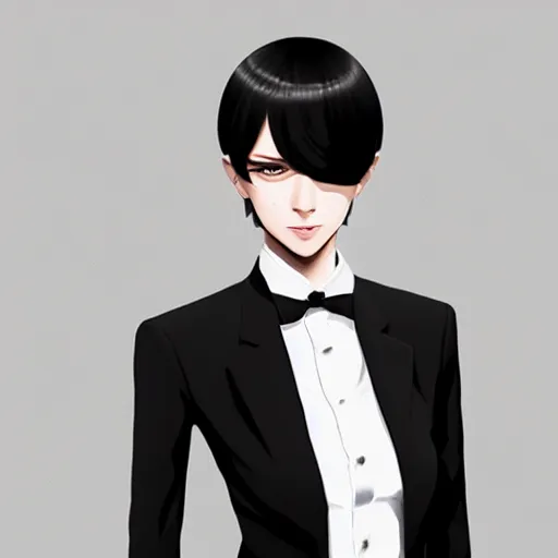 Image similar to slim cruel business girl in tuxedo with black bob hair, elegant, 2d, ultra highly detailed, digital painting, smooth, sharp focus, artstation, art by Ilya Kuvshinov