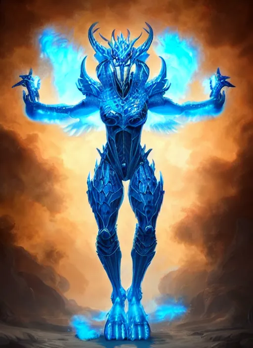 Image similar to muscular and tall blue ghostly fire humanoid dragon!!!! draconian!! intricate ornate iridescent heavy armor!! character concept art, sharp focus, octane render! unreal engine 5! highly rendered!! trending on artstation!! detailed linework!! illustration by artgerm, wlop, and chie yoshii