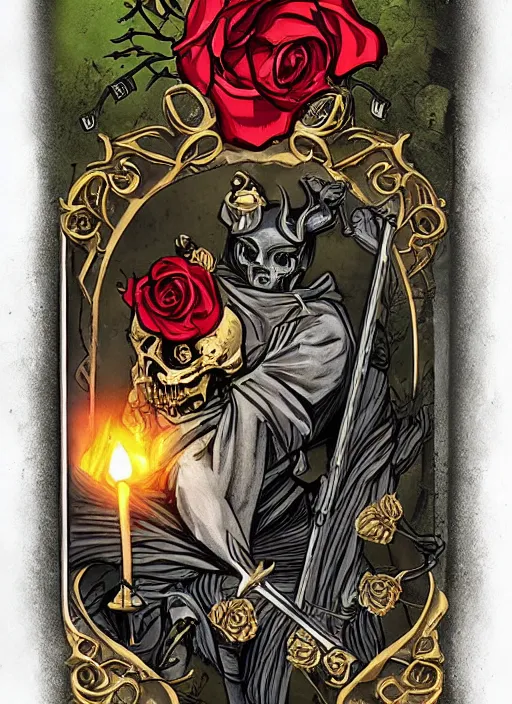 Image similar to tarot card :: horror :: hearts and roses :: gold and silver :: guns and swords :: by deiv calviz and bossmonsterbani