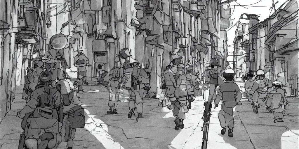 Image similar to wholesome animation studio Ghibli of a young soldier walking near some nazists and tanks in the city of Genova. Sharp bloom dramatic lightning