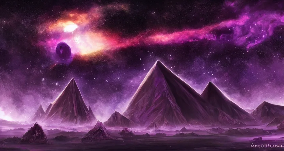 Image similar to black lovecraftian eldritch!! obsidian pyramid!! surrounded by black desert, cosmic purple space!, bright stars, nebula, sky background by eugene von guerard, ivan shishkin, night, cosmic brightly purple space stars, concept art, trending on artstation, 8 k