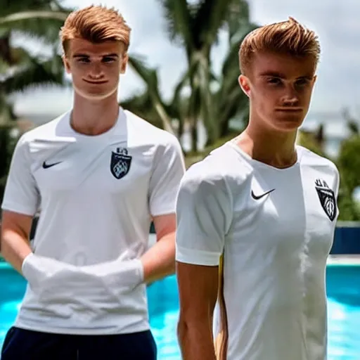 Prompt: a realistic detailed photo of a guy who is an attractive humanoid who is half robot and half humanoid, who is a male android, soccer players martin ødegaard & timo werner, shiny skin, posing like a statue, blank stare, by the pool, on display, showing off his muscles, many copies of them