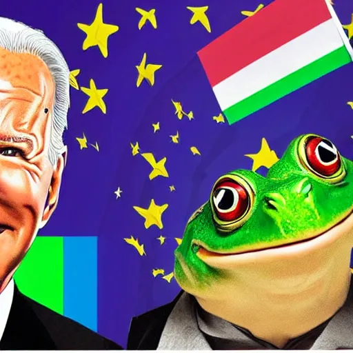 Image similar to movie poster with Alex Jones and Joe Biden hiding from a giant frog carrying a pride flag