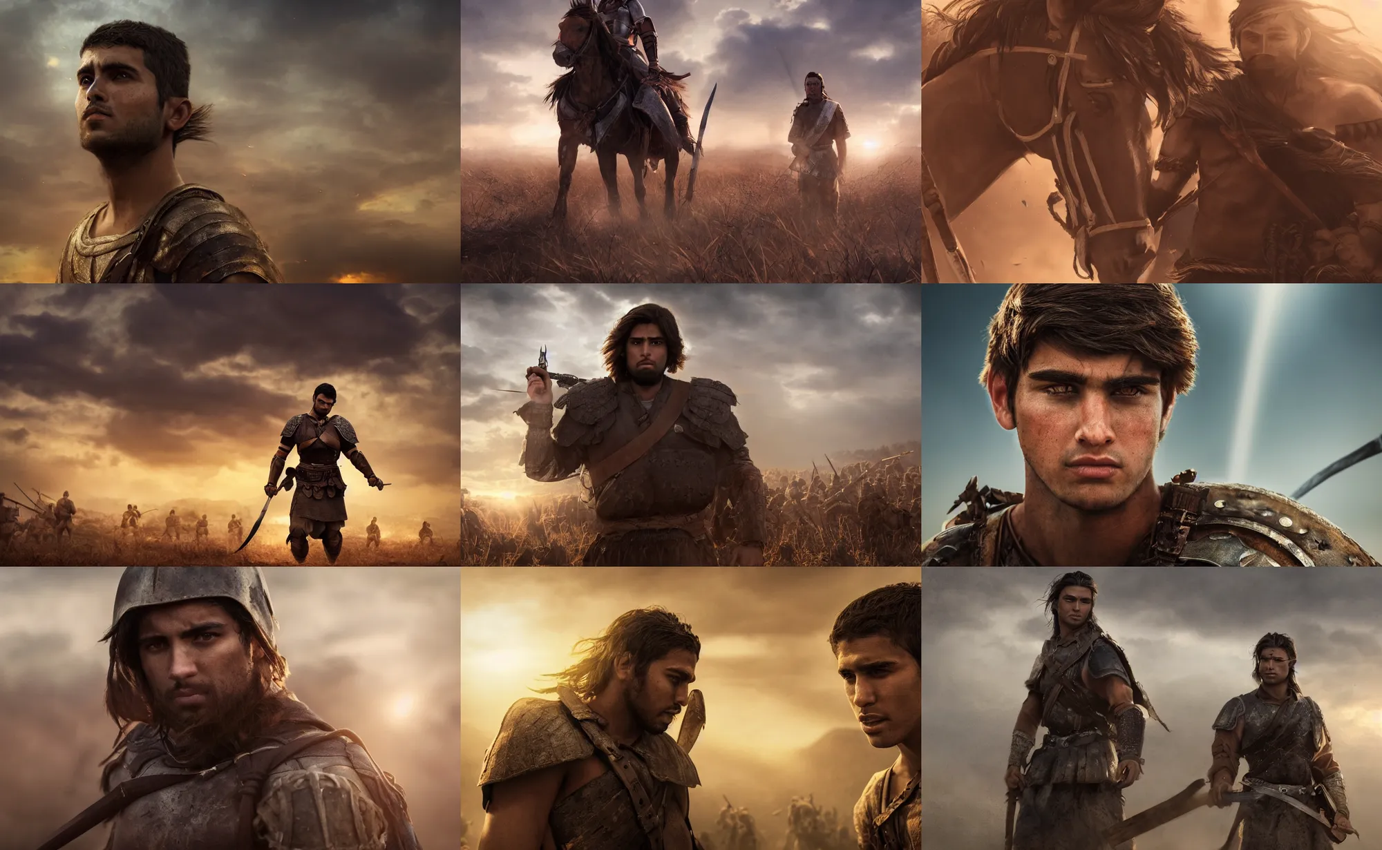 Prompt: cinematic artwork of a warrior in his twenties with brown hair, brown eyes and a small chin looking solemn as he surrounded by an enemy army by greg rutowski, 4 k, masterpiece, sun rays