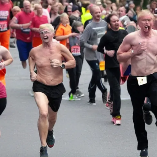 Prompt: shirtless trump running marathon while screaming at bystanders