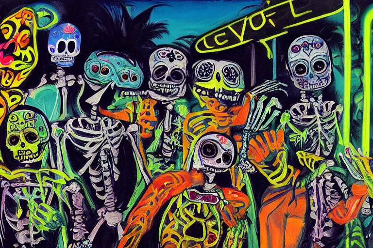 Image similar to scene from surfing, day of the dead, cyber skeleton, neon painting by otto dix