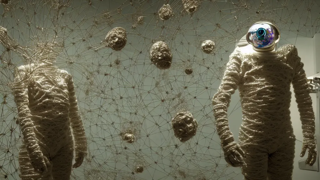 Image similar to a cybernetic symbiosis of a single astronaut eva suit made of pearlescent wearing knitted yarn thread infected with diamond 3d fractal lace iridescent bubble 3d skin covered with stalks of insectoid compound eye camera lenses floats through the living room, film still from the movie directed by Denis Villeneuve with art direction by Salvador Dalí, wide lens,