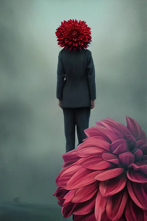 Image similar to portrait giant dahlia flower head, frontal, girl in a suit, standing in street, surreal photography, sunrise, dramatic light, impressionist painting, digital painting, artstation, simon stalenhag