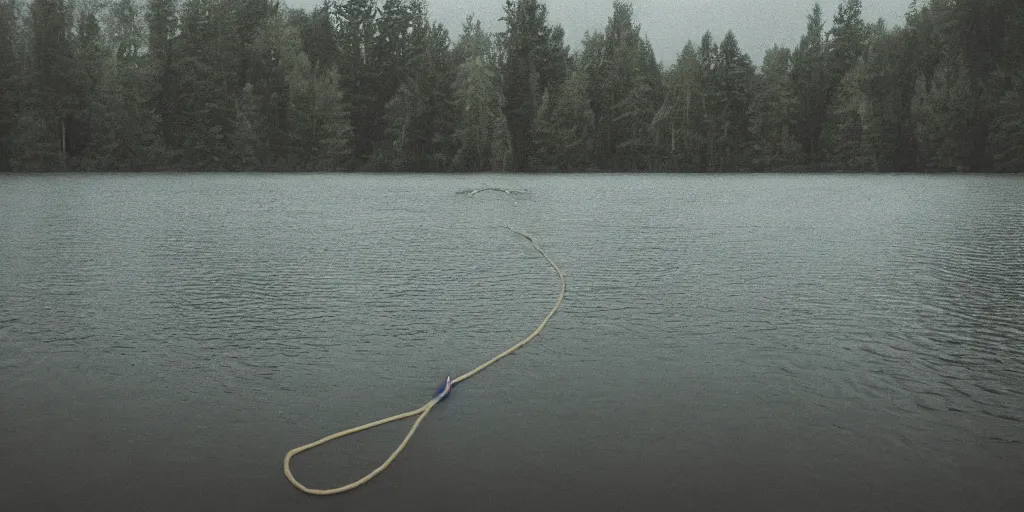 Image similar to centered photograph of a long rope zig zagging across the surface of the water, floating submerged rope stretching out towards the center of the lake, a dark lake on a cloudy day, color film, trees in the background, hyperedetailed photo, moody volumetric, anamorphic lens