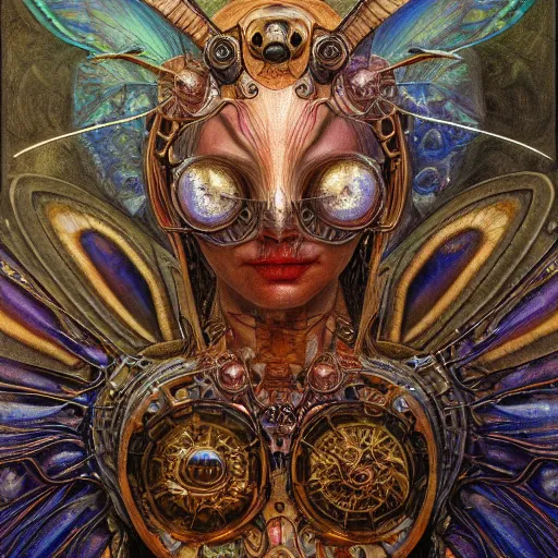 Image similar to realistic illustration of a beautiful rusted mechanical faerie queen with glowing eyes, moth wings with geometric patterns, reflective detailed textures, baroque dark fantasy science fiction painting by donato giancola and diego rivera and jean delville and moebius, silver and cool colors, artstation, octane render