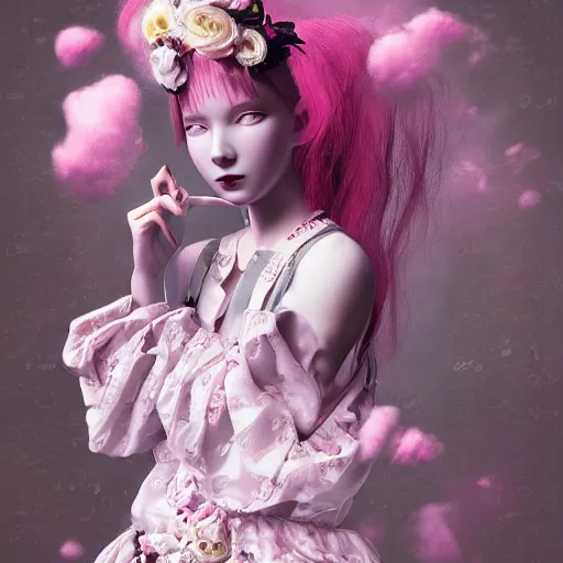 Image similar to 8 k, octane render, realism, tonalism, renaissance, rococo, baroque, cotton candy, portrait of a creepy young lady wearing long - harajuku manga - dress with flowers and skulls