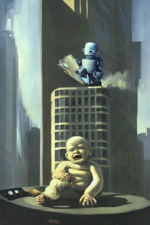 Prompt: evil human giant baby with a robot arm in a diaper is taller than office buildings, goes destroying buildings under his feet, hauntingly surreal, highly detailed painting by francis bacon, edward hopper, adrian ghenie, gerhard richter, and james jean soft light 4 k,