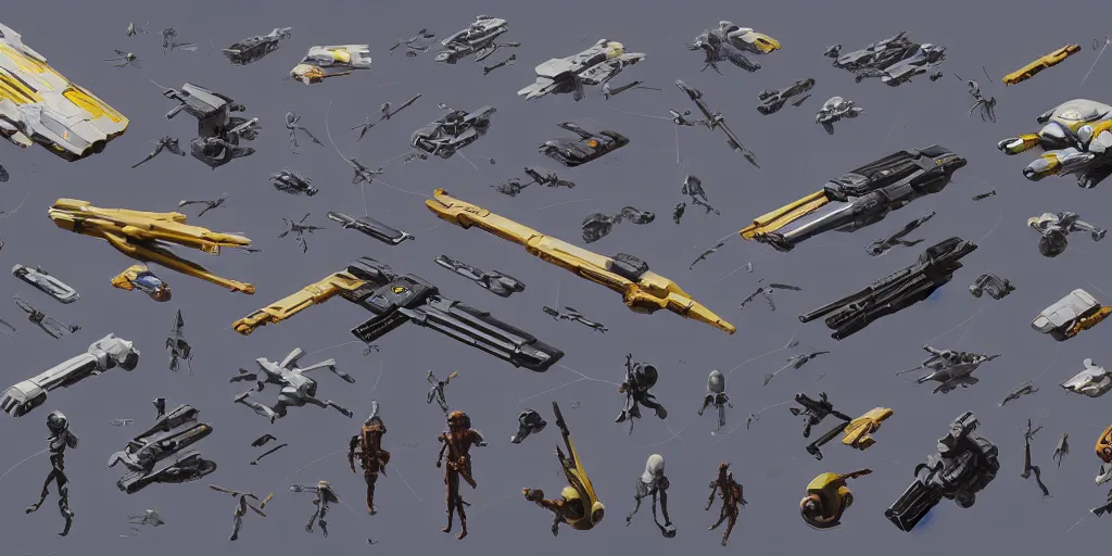 Image similar to collection of futuristic sci - fi props and gadget, moebius, items, hard surface, kitbash, parts, shape and form, in watercolor gouache detailed paintings, star citizen, modular, pieces, golden ratio, weapon, guns, destiny 2, big medium small, insanely details, wes anderson, bungie, star wars, by makoto shinkai, ghibli