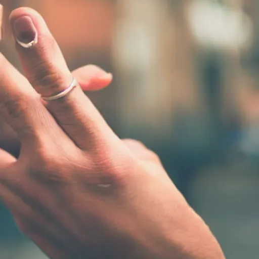 Prompt: normal man's hand with five fingers and a ring and a cigarette between the fingers