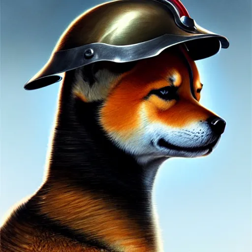 Image similar to side portrait painting of a cute shiba inu soldier with military helmet, ultra realistic, concept art, intricate details, eerie, highly detailed, photorealistic, octane render, 8 k, unreal engine. art by artgerm and greg rutkowski and charlie bowater and magali villeneuve and alphonse mucha