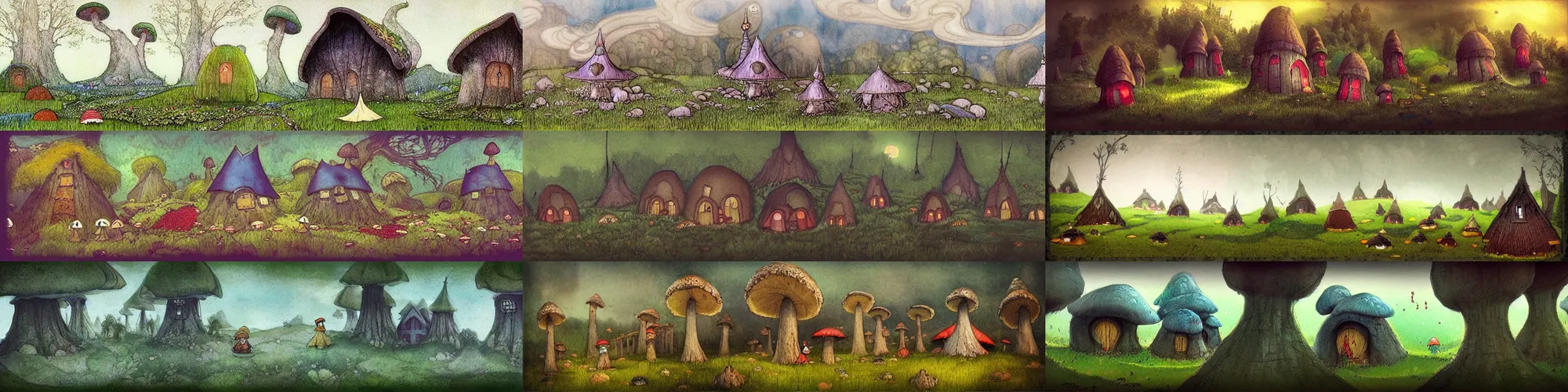 Prompt: “wide shot, concept art, a fairytale landscape, mushroom houses, gnomes, in the style of John Bauer and wimmelbilder”