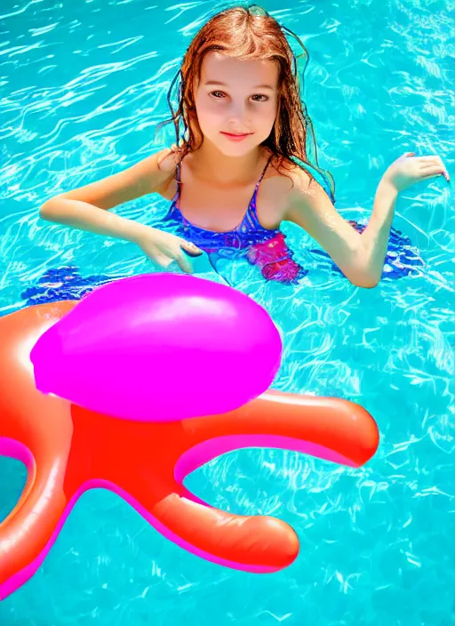Image similar to color sketch of a young girl in a swimming pool, with an inflatable flamingo floating nearby, professional