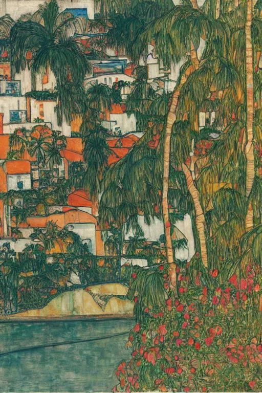 Image similar to a long river, tied bridge on local river, a lot of boat in river, 2 number house near a lot of palm trees and bougainvillea, summer, painting by egon schiele