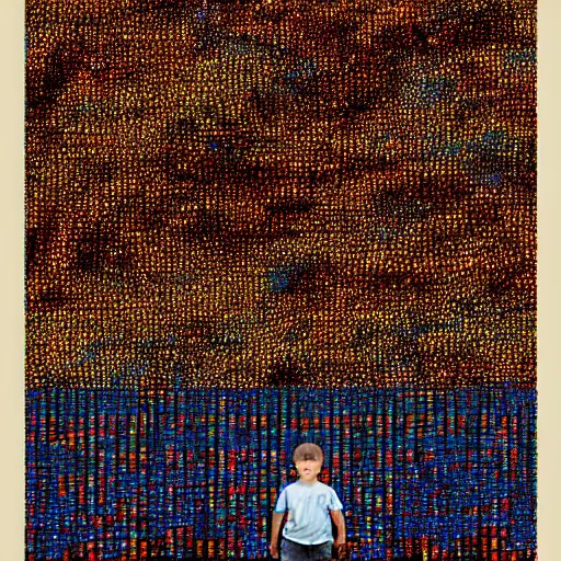 Prompt: a boy in a field with a sky background, a mosaic of screens by jeffrey smith, behance contest winner, generative art, circuitry, fractalism, behance hd