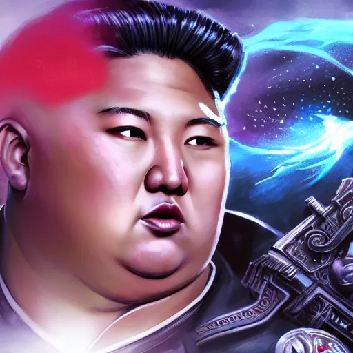 Image similar to portrait of kim - jong un as a spellcaster, league of legends amazing splashscreen artwork, gears of war, propaganda, sovjet, splash art, natural light, elegant, photorealistic facial features, intricate, fantasy, detailed face, atmospheric lighting, anamorphic lens flare, cinematic lighting, league of legends splash art, hd wallpaper, ultra high details by greg rutkowski