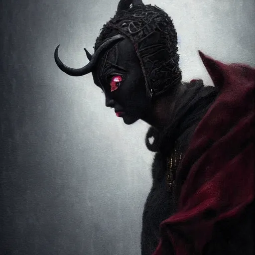 Image similar to masterpiece portrait of a surly and resentful female tiefling thief with horns wearing a black hooded cloak and a thief's leather garb, crimson skin pigmentation, black eyes, by Greg Rutkowski, as seen on ArtStation, 4k, dungeons and dragons, very aesthetic, very detailed, intricate, unreal, fantasy, dramatic, painterly, artstation, sharp focus, smooth