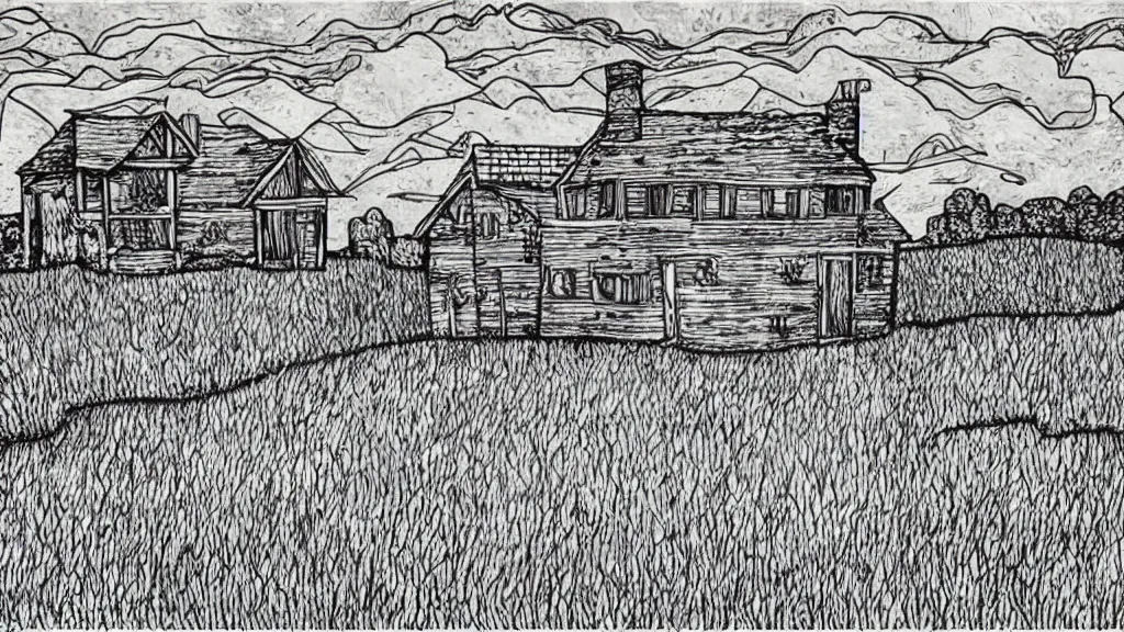 Prompt: a house in a field etching art style