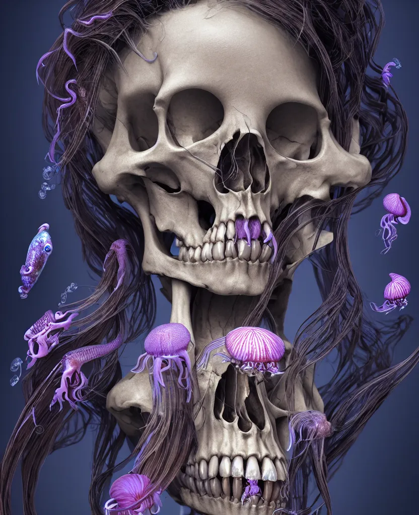 Image similar to goddess close - up portrait human skeleton, ram skull, squid phoenix jellyfish, orchid, betta fish, bioluminiscent, intricate artwork by tooth wu and wlop and beeple. octane render, trending on artstation, greg rutkowski very coherent symmetrical artwork. cinematic, hyper realism, high detail, octane render, 8 k