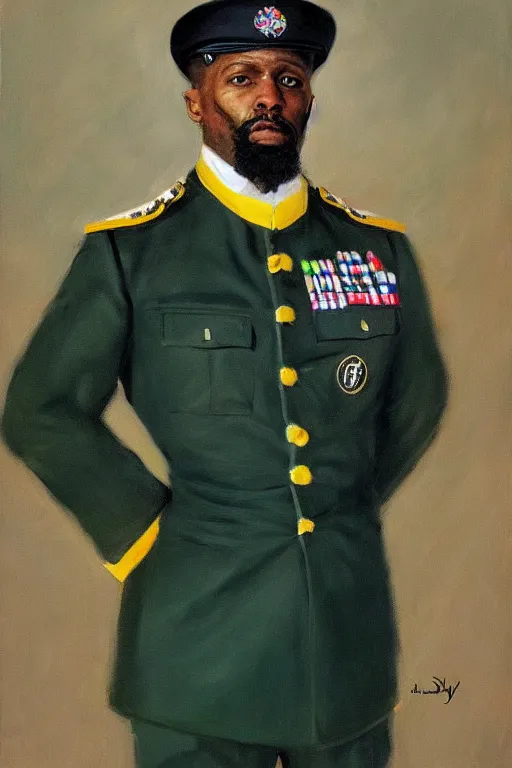 Prompt: full body portrait of the dictator of the nba utah jazz, 1 8 8 9, in full military garb, navy, green, yellow, oil on canvas by william sidney mount, trending on artstation