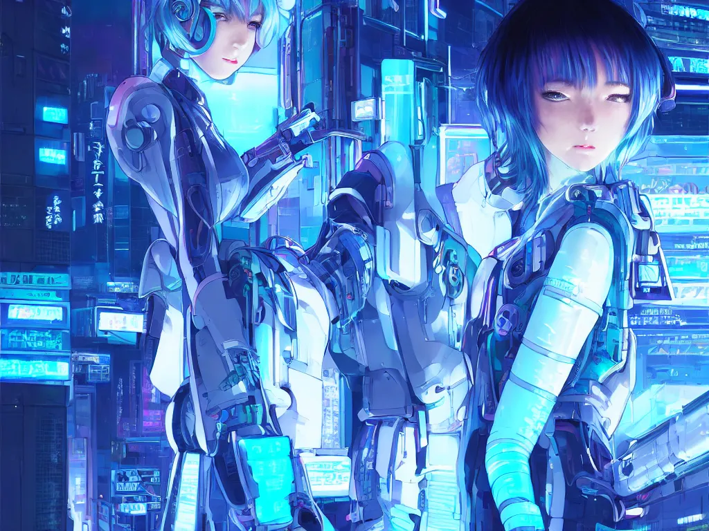 Image similar to portrait light blue hair anime visual futuristic female cyber airforce, on cyberpunk neon light tokyo rooftop, ssci - fi and fantasy, intricate and very beautiful, human structure, concept art by kyoto studio, sharp focus, anime fantasy illustration by rossdraws and magali villeneuve and liya nikorov and luxearte, frostine engine