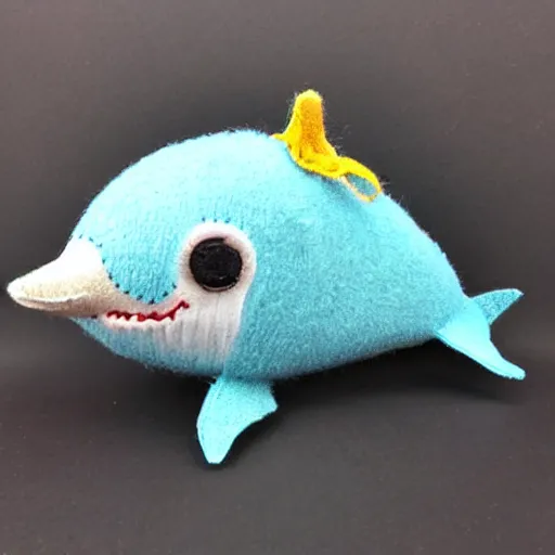 Prompt: a cute hand stitched baby dolphin toy with kind eyes