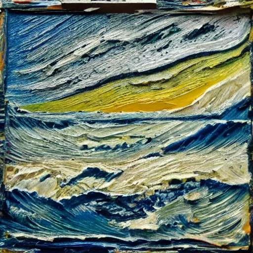 Image similar to oil paint impasto relief, beautiful very rough sea, multi layered thick brush marks, some splattered paint, in the style of ivan shishkin and frank auerbach and van gogh and rene lalique