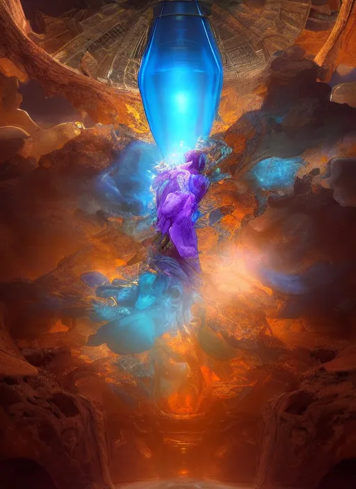 Image similar to flowers within the whole infinite capsule apparent with awe the apparition, an idea seep's into infinity highly detailed in volumetric latent space, golden turquoise steampunk, high contrast cinematic light, mystical shadows, sharp focus, divine realm of gods, octane render, artist by boris vallejo,