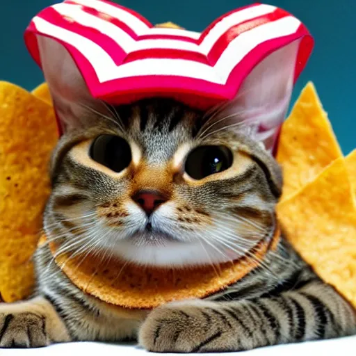 Prompt: tabby cat wearing the nacho sombrero from the despicable me